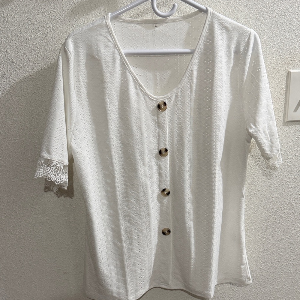 White Button-Front Lace Sleeve Women's Top